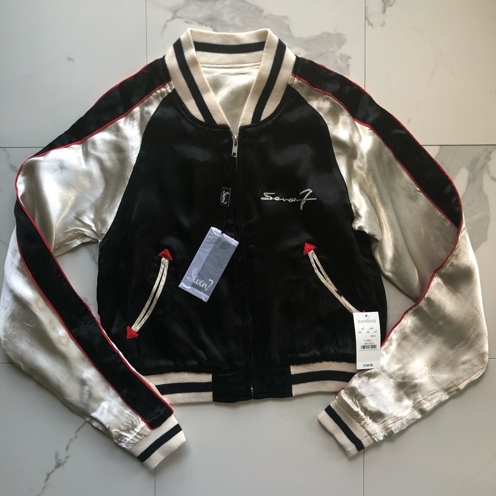 Express Seven7 Crop Embroidered Reversible Bomber - Picture 2 of 6